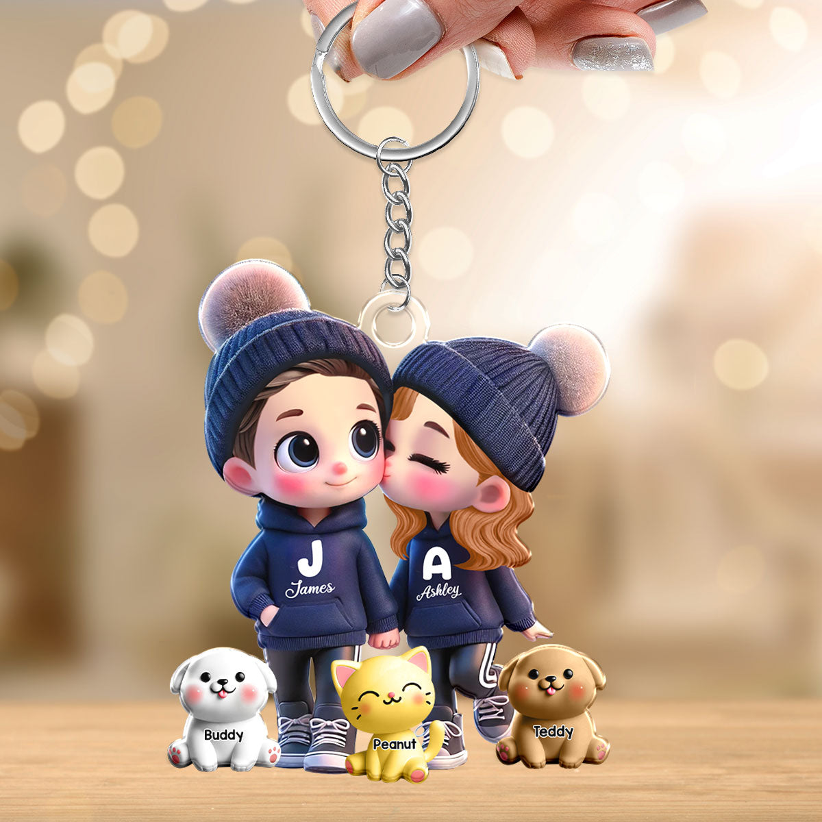3D Effect Cute Cartoon Couple You Me And The Dog Cat Personalized Acrylic Keychain, Unique Valentine's Day Gift For Him, Gift For Her
