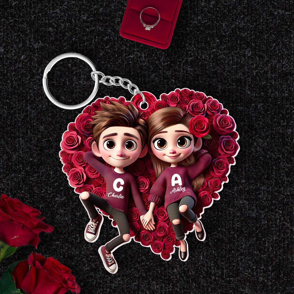 Rose Heart Couple Personalized Acrylic Keychain, Gift for her, Gift for him