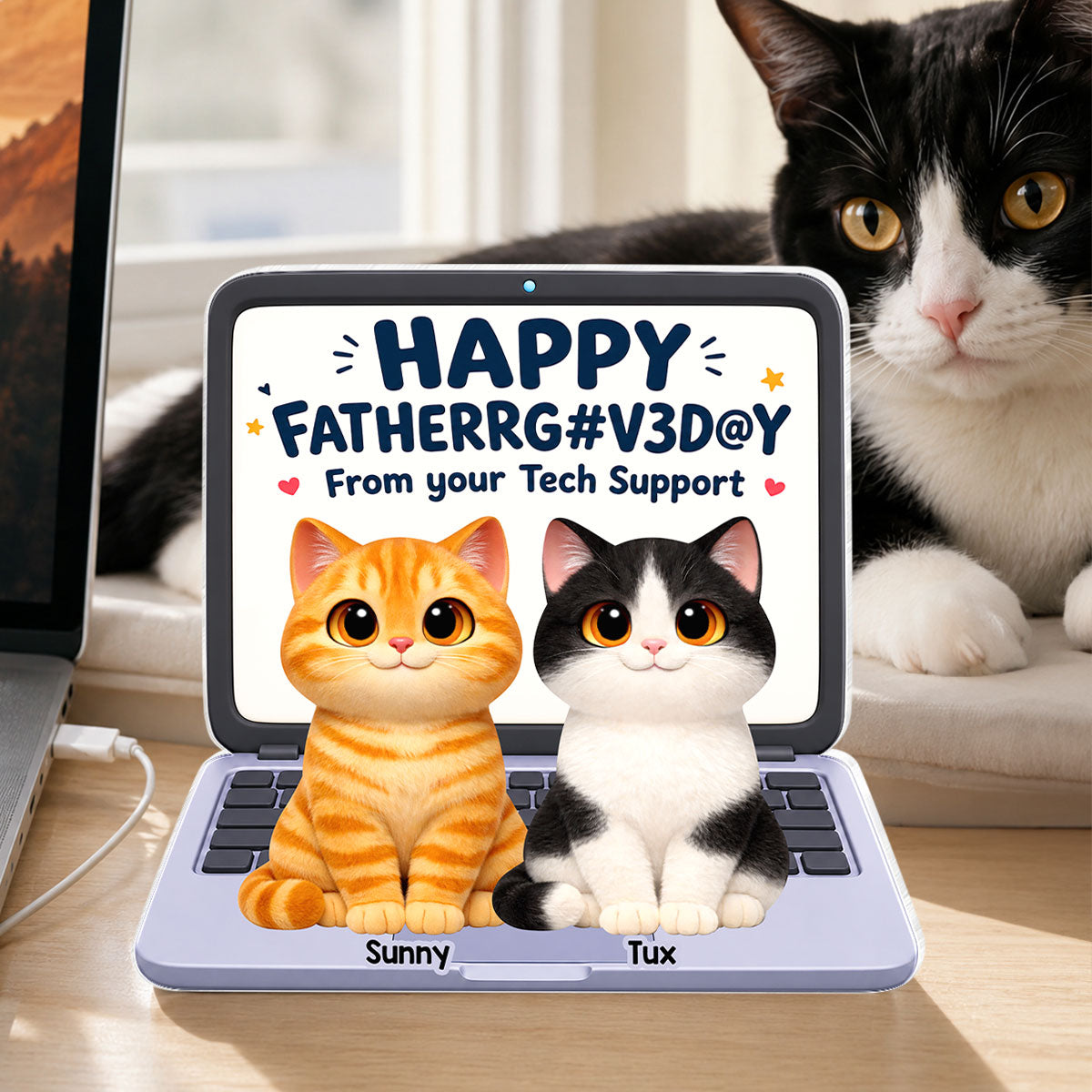 Cute Fluffy Cats Happy From Tech Support 2D Flat - Personalized Acrylic Block Plaque - Funny Gift For Cat Dad, Cat Lovers