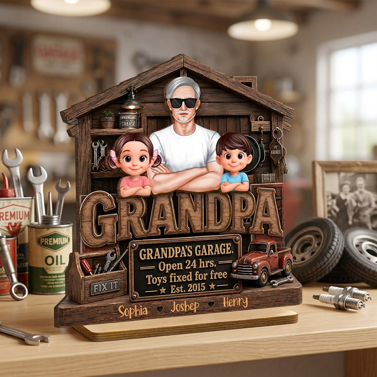 Grandpa's Garage - Personalized 2-Layered Wooden Plaque - Gift for Dad, Grandpa, Husband