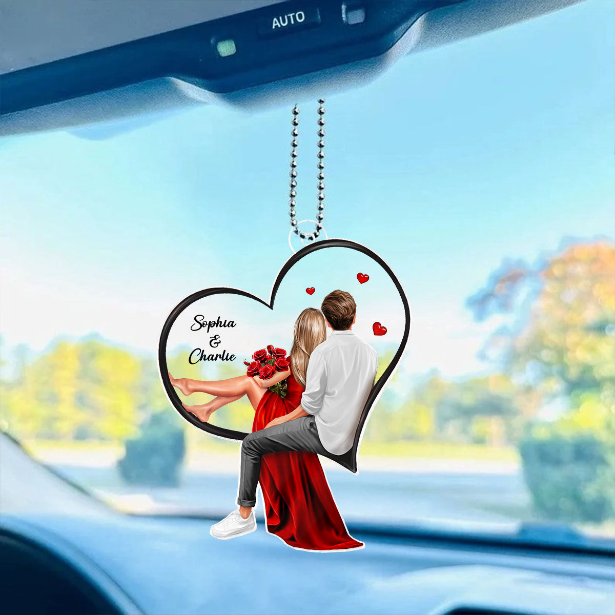 Couple Sitting On Heart Personalized Acrylic Car Hanger, Gift, Anniversary Gift for Couples