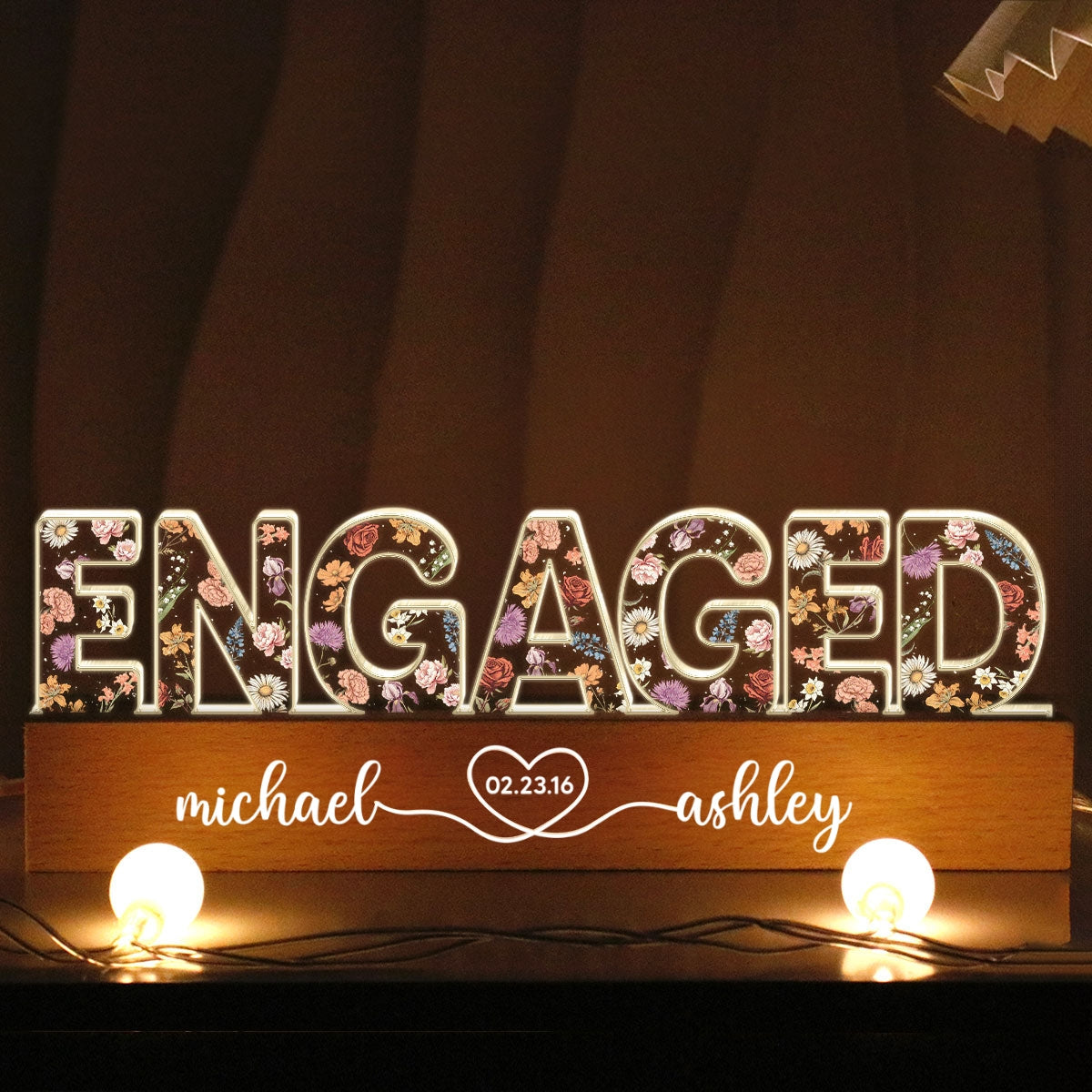 Personalized Couple Engagement Floral Theme Anniversary Gift Acrylic Block LED Night Light, Heartfelt 2025 Gift, For Him, For Her, For Husband, For Wife