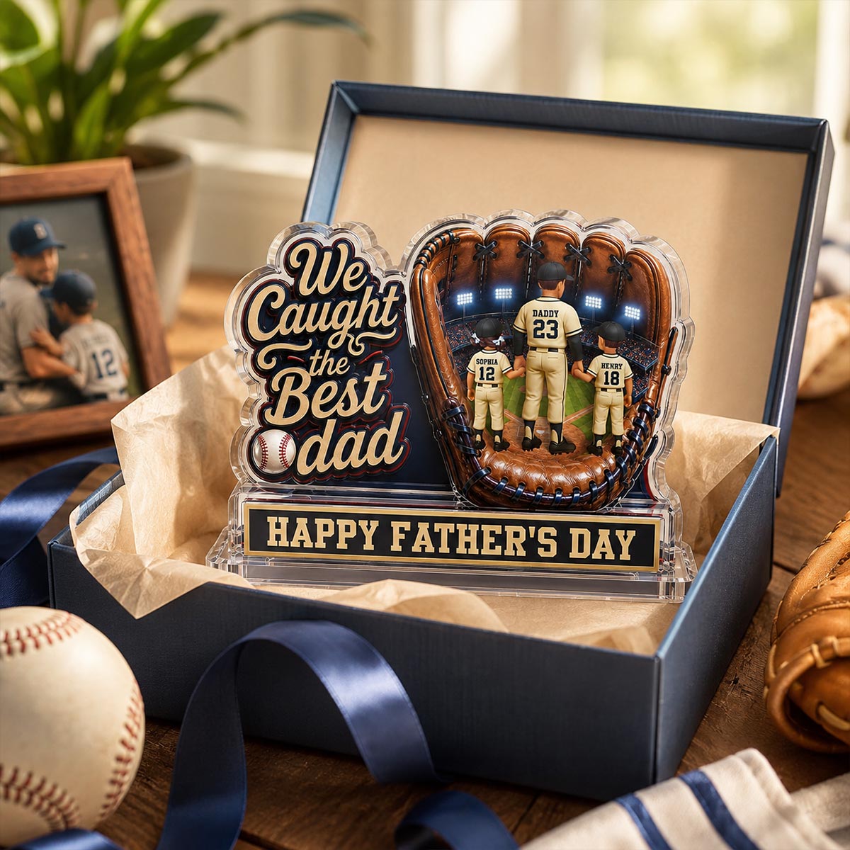 We Caught The Best Dad Dad & Kids In Glove 2D Flat - Personalized Acrylic Block Plaque - Happy For Baseball Dad