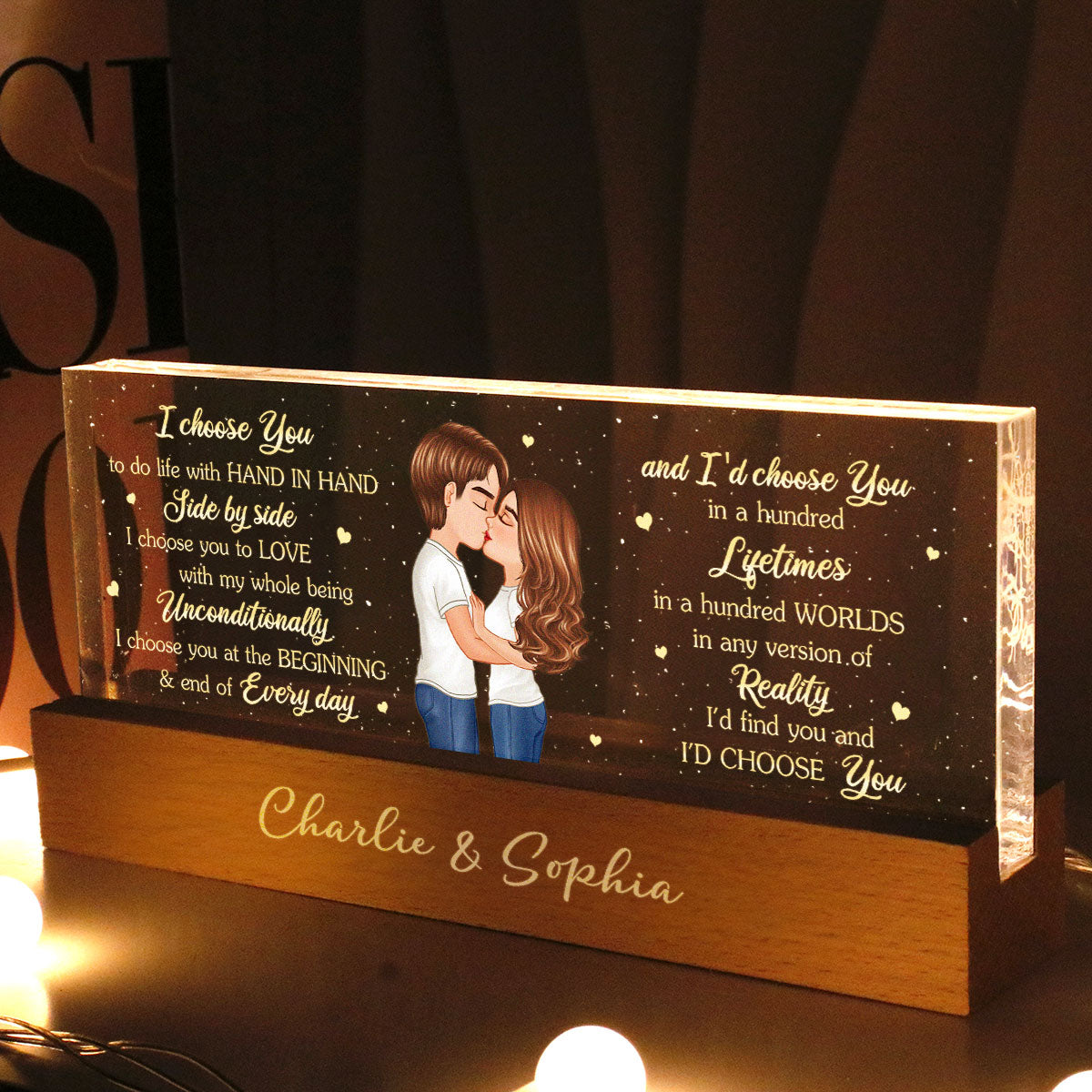 Personalized Acrylic Block LED Night Light, Couple Kissing Romatic Messages, Gift, Anniversary Gift for Him for Her