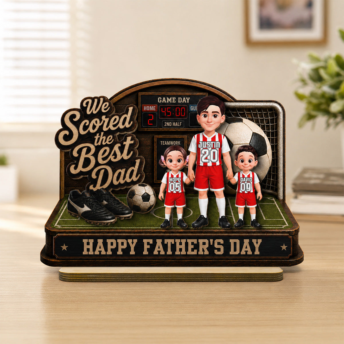 Soccer Dad & Kids On Court 2D Flat - Personalized 2-Layered Wooden Plaque - Gift For Soccer Dad, UK Football Dad
