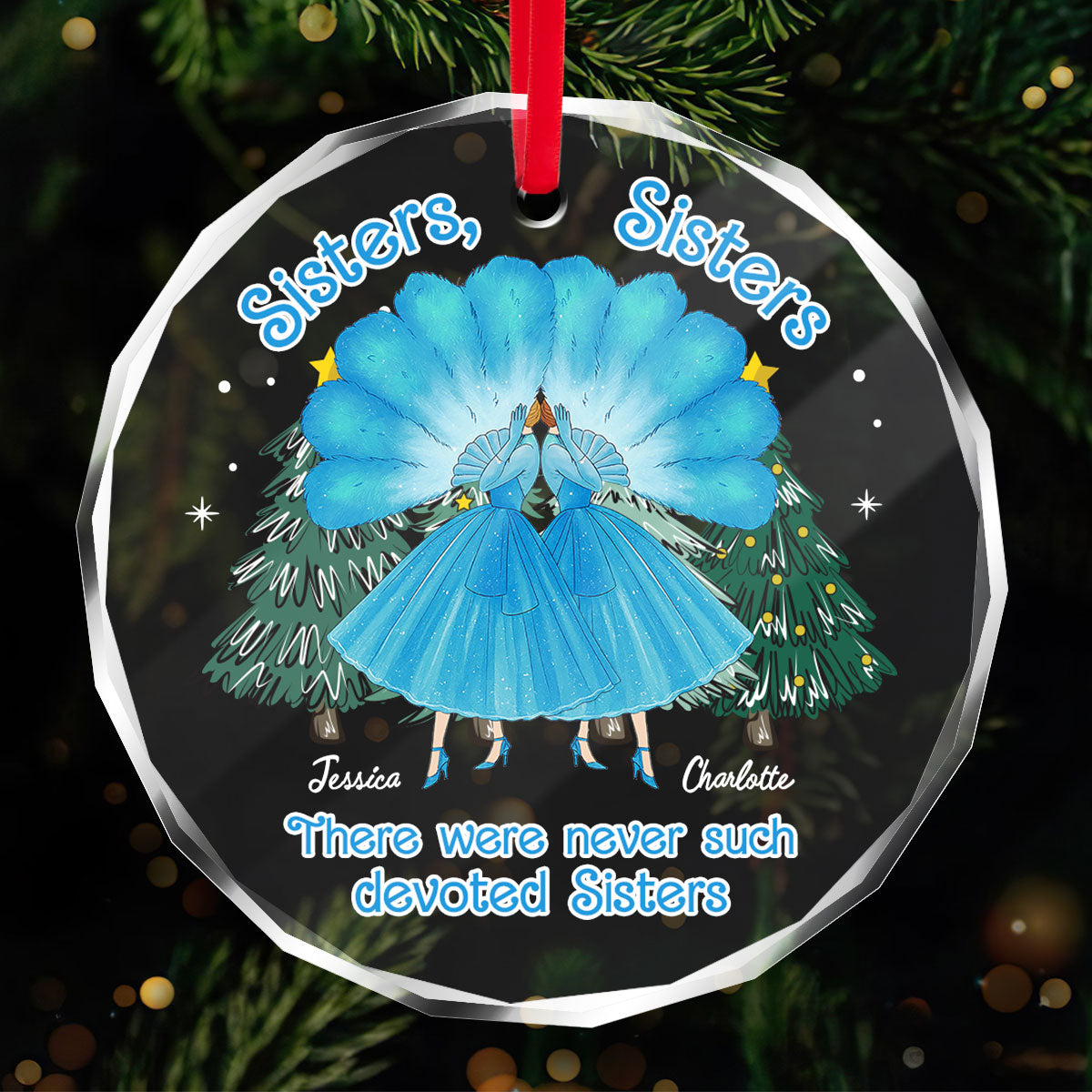 Sisters Sisters Besties in Blue Dresses Personalized Glass Ornament