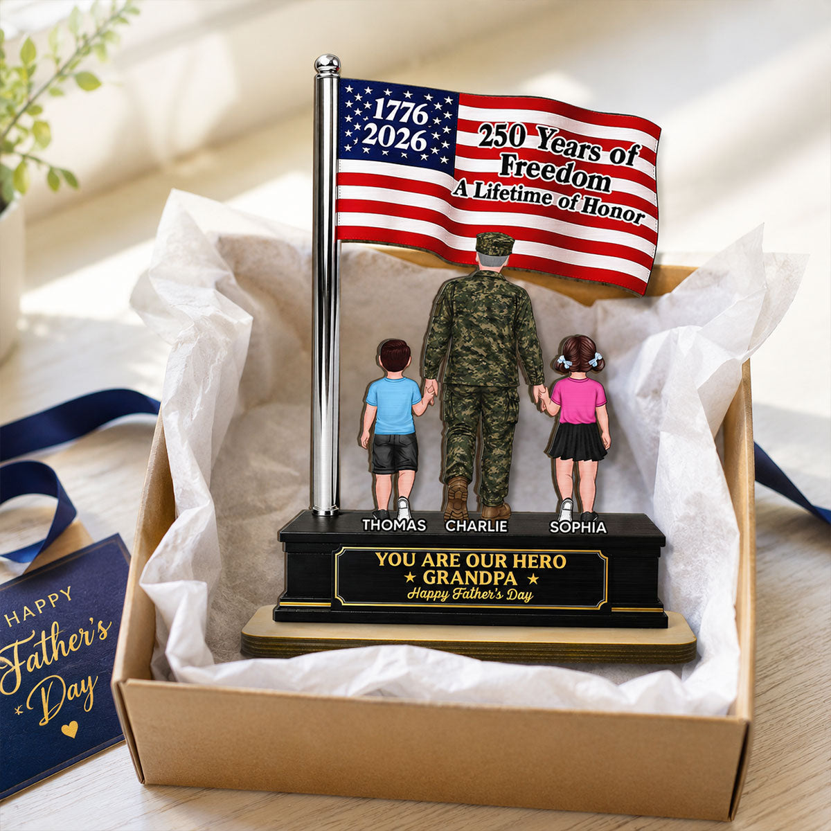 Proud American Military Veteran Grandpa Dad America 250th Anniversary - Personalized 2-Layered Wooden Plaque - Gift For Dad, Grandpa Husband