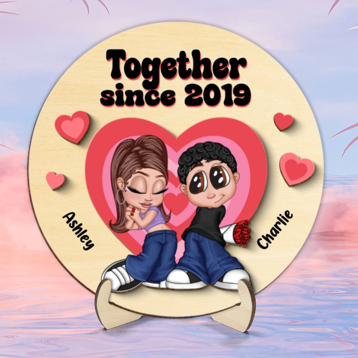 Y2K Couple Hearts Personalized 2-layer Wooden Plaque, Unique Valentine's Day Gift For Him, Gift For Her