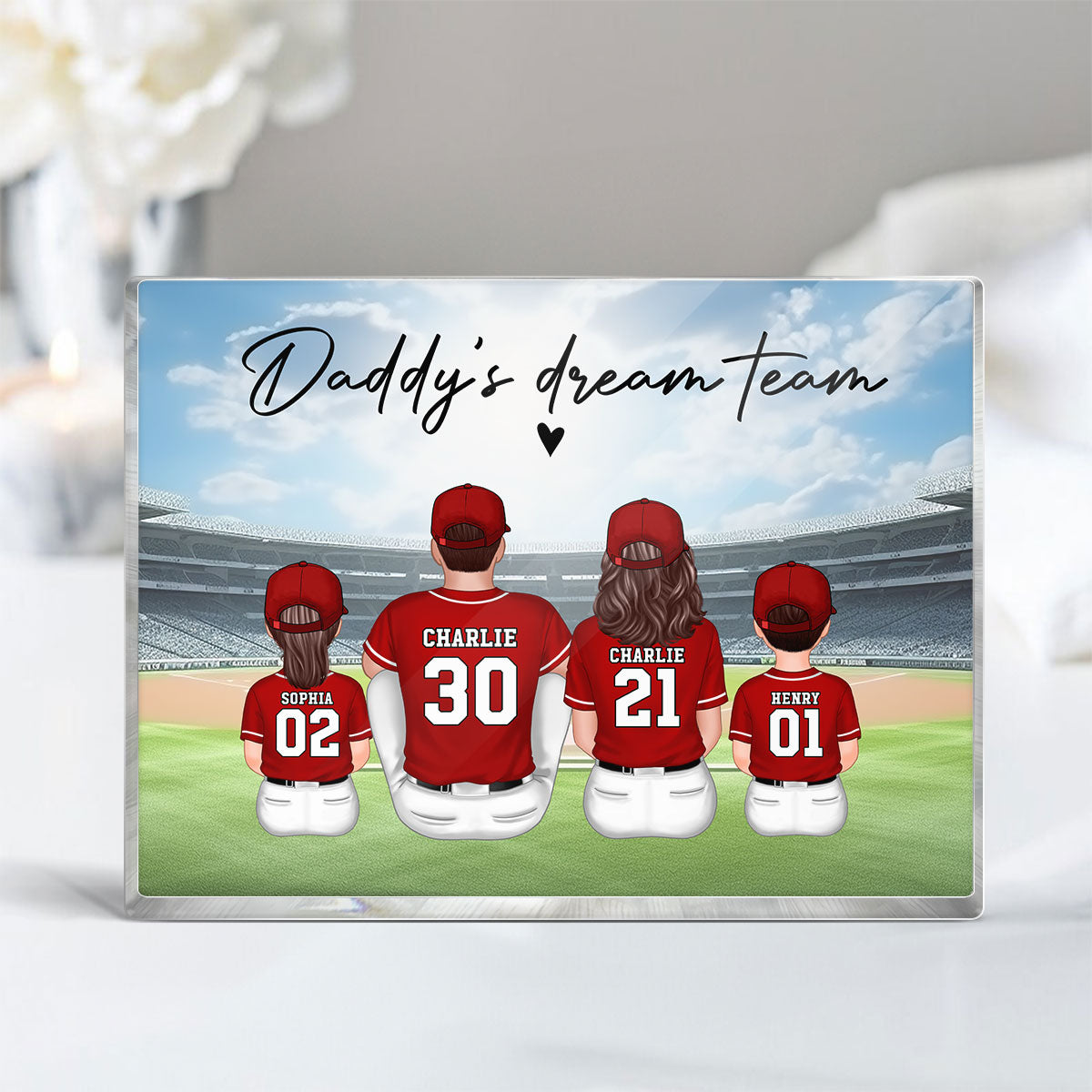Daddy's Team Baseball Family Sitting Personalized Acrylic Block, Unique Gift for Dad, Gift for Husband