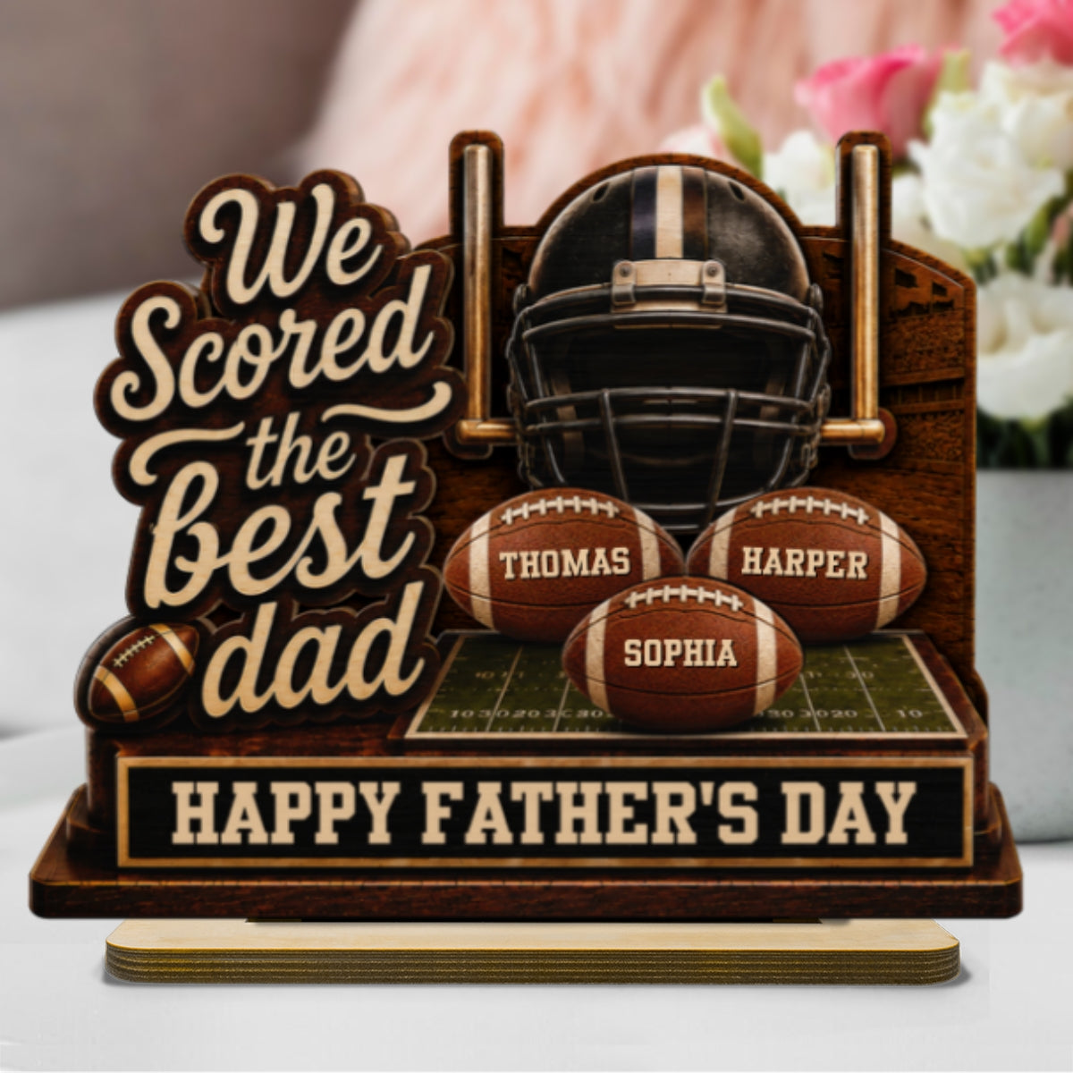 We Scored The Best American Football Dad Custom Name 2D Flat - Personalized 2-Layered Wooden Plaque - Gift For Football Dad
