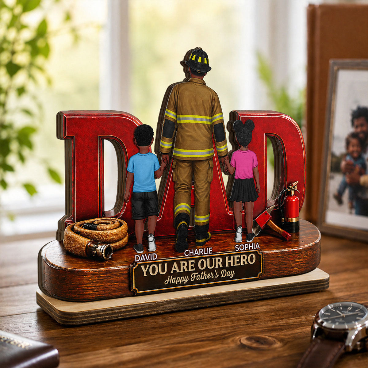 Proud Firefighter Dad You Are Our Hero - Personalized 2-Layered Wooden Plaque - Gift For Dad