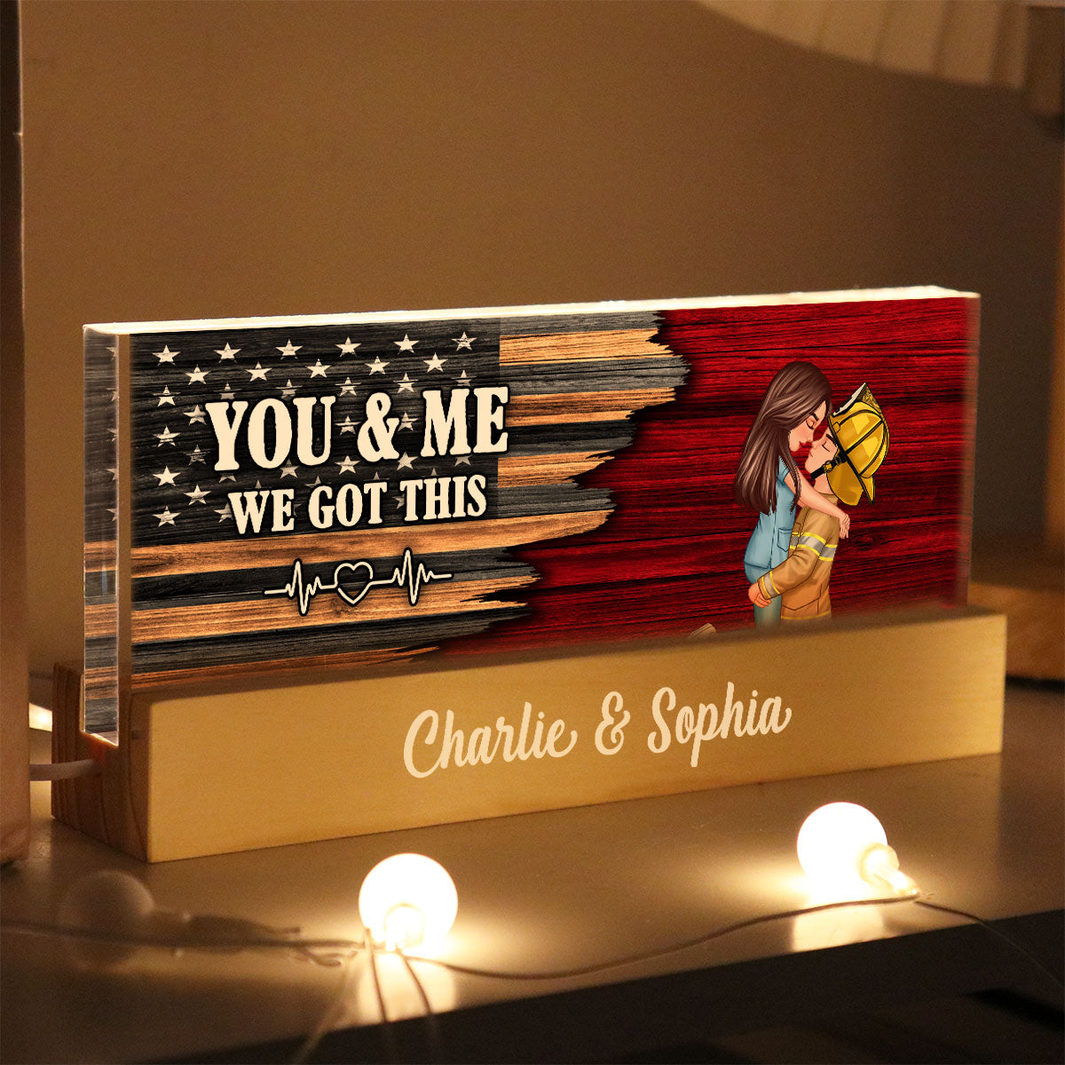 Hero Couple Hugging Kissing Half Flag Gift by Occupation Personalized Acrylic Block LED Night Light