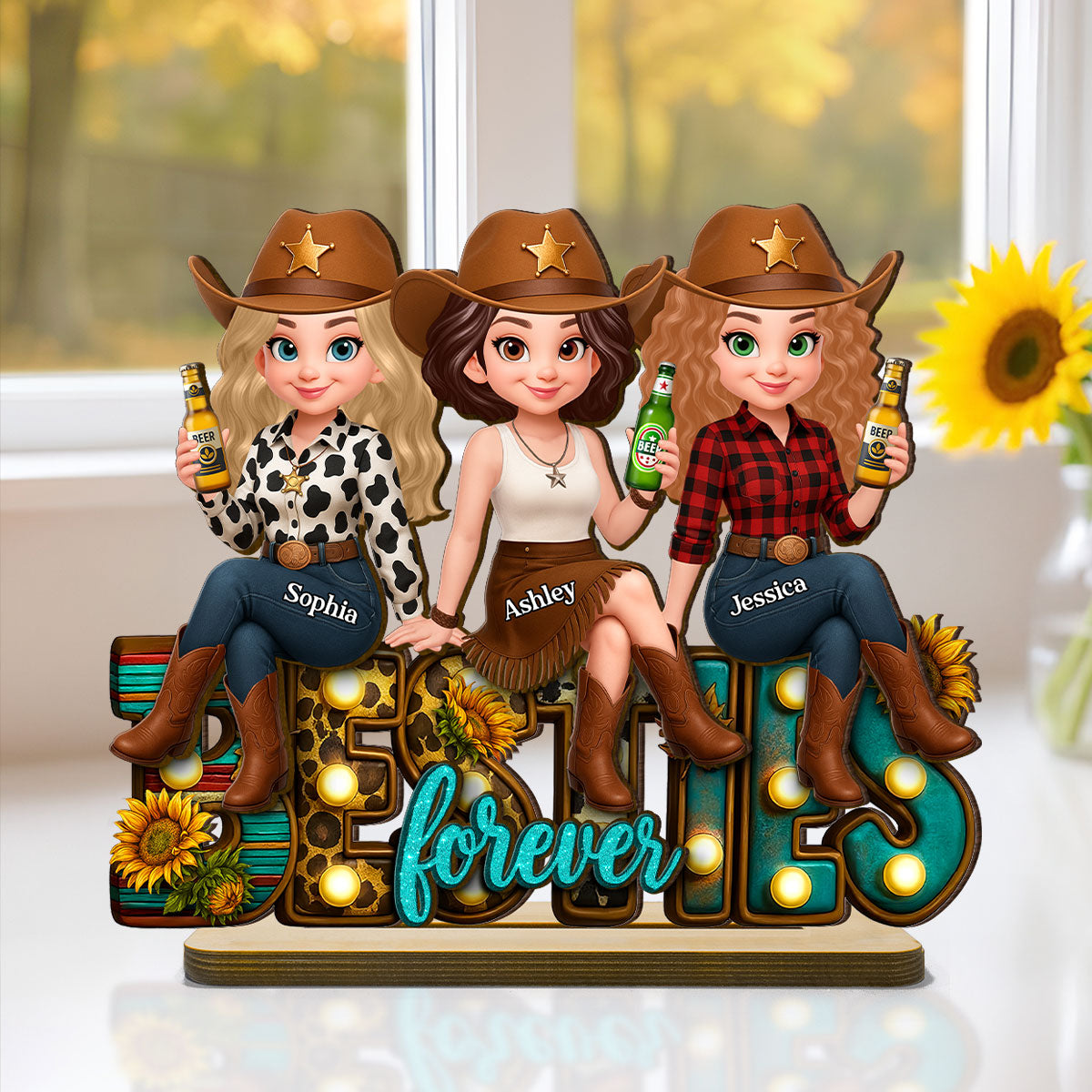 Western Fall Vibe Besties Personalized Standing Wooden Plaque, Fall Gift for Best Friends