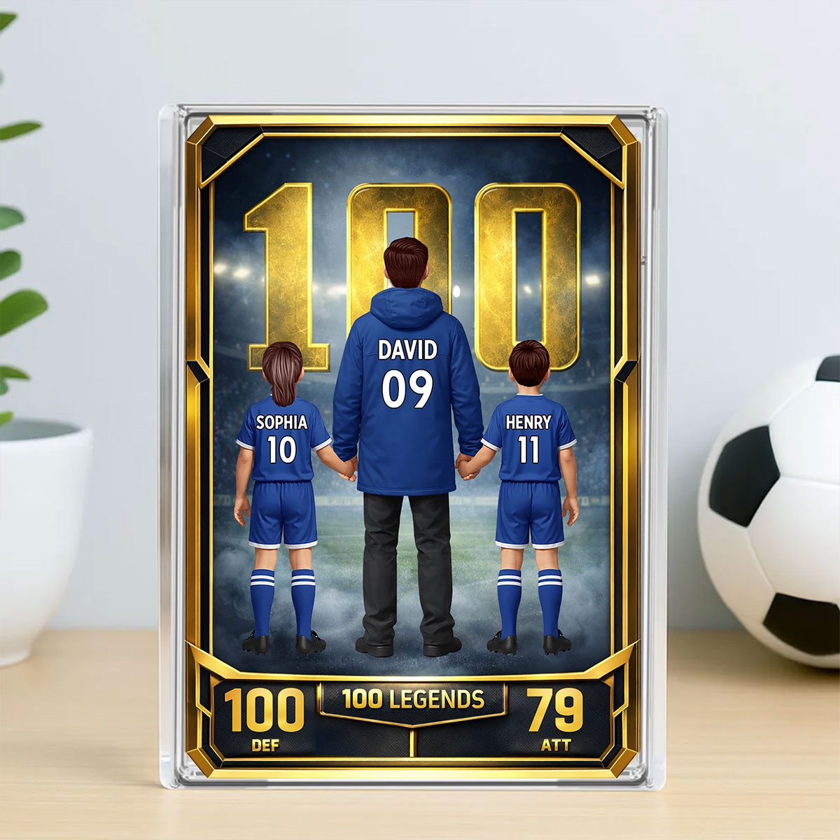 Father And Kids 100 Legends Trading Card - Personalised Acrylic Block Plaque - UK Gift For Football Dad
