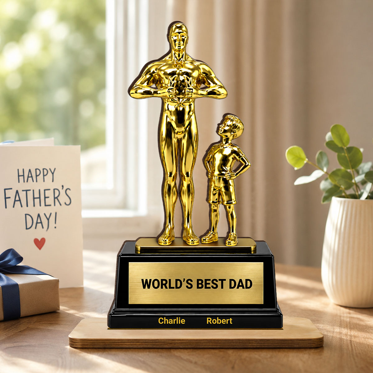 World's Best Dad Trophy - Personalized 2-Layered Wooden Plaque - Gift for Dad, Husband