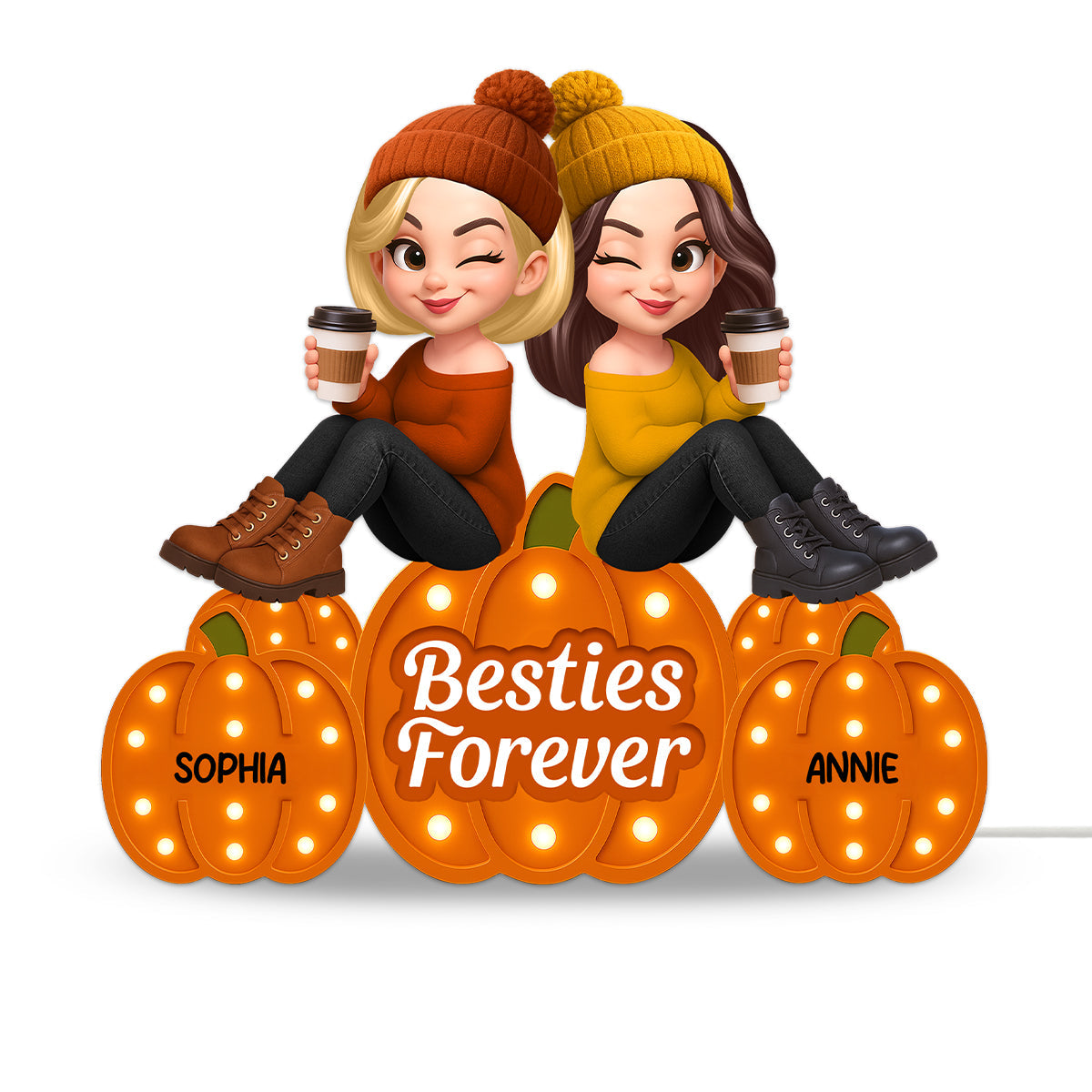 Fall Season Besties Sitting On Marquee Pattern Texture Pumpkins Personalized LED Light Box, Fall Gift For Best Friends
