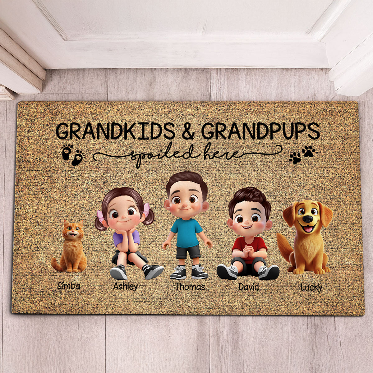 Grandkids & Grandpups Spoiled Here Personalized Doormat, Grandparents Welcome Mat