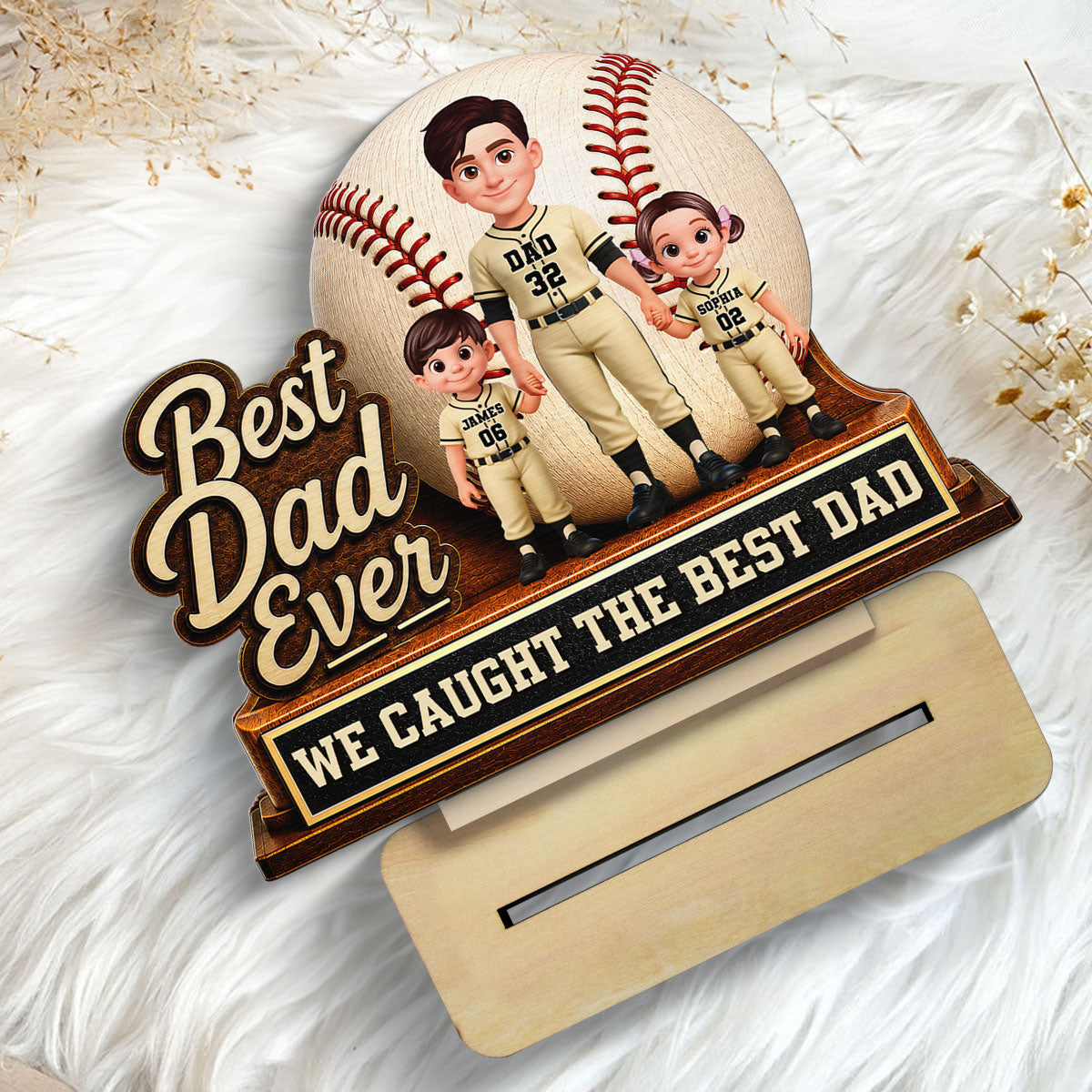 We Caught The Best Dad Dad & Kids - Personalized 2-Layered Wooden Plaque - Happy For Baseball Softball Dad