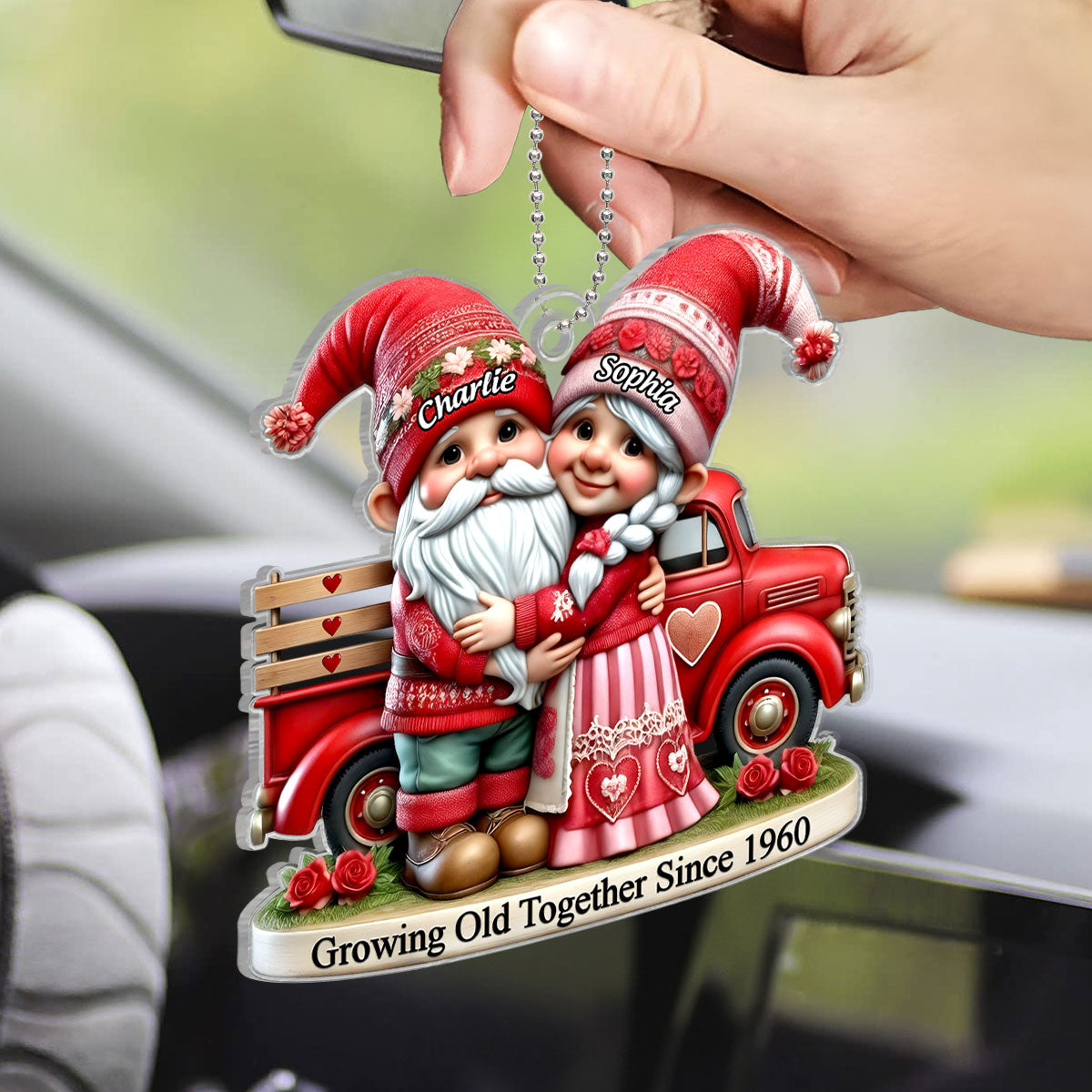 3D Effect Gnome Old Couple And Truck Personalized Car Hanger Ornament, Gift For Couple, For Him, For Her, Husband, Wife