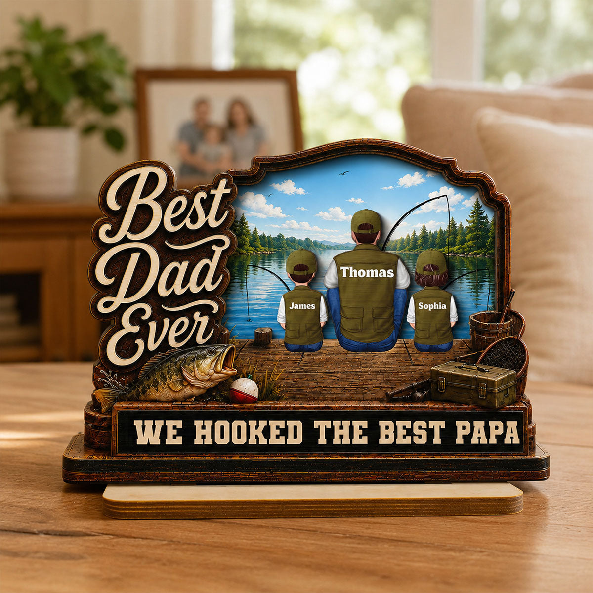 We Hooked The Best Dad Papa Fishing Man & Kids Back View 2D Flat - Personalized 2-Layered Wooden Plaque - Gift For Hunting Dad, Grandpa