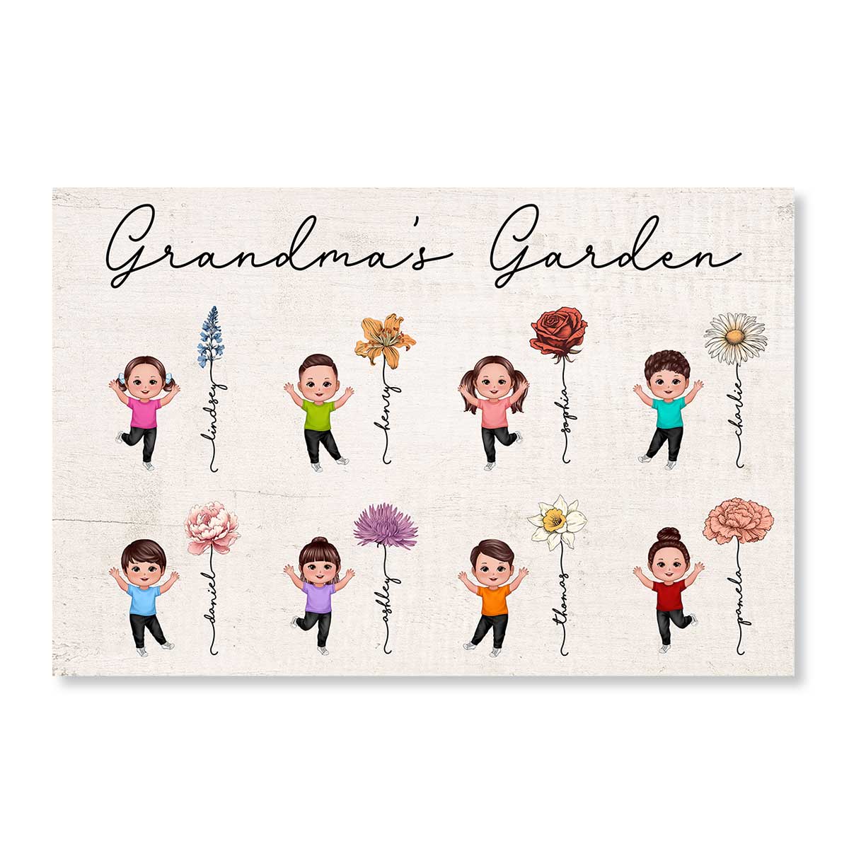 Happy Grandkids Grandma Mom Auntie Garden Vintage Birth Month Flowers Mother‘s Day Gift Personalized Horizontal Poster