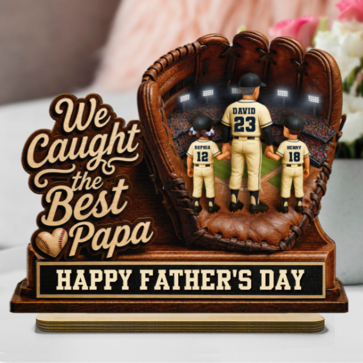 We Caught The Best Grandpa Man & Kids In Glove - Personalized 2-Layered Wooden Plaque - Happy For Baseball Grandpa