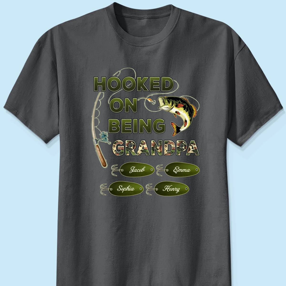 Hooked On Being Grandpa Papa Fishing Camouflage Personalized Dark Color Shirt, Father's Day Gift For Grandpa, Dad, Husband