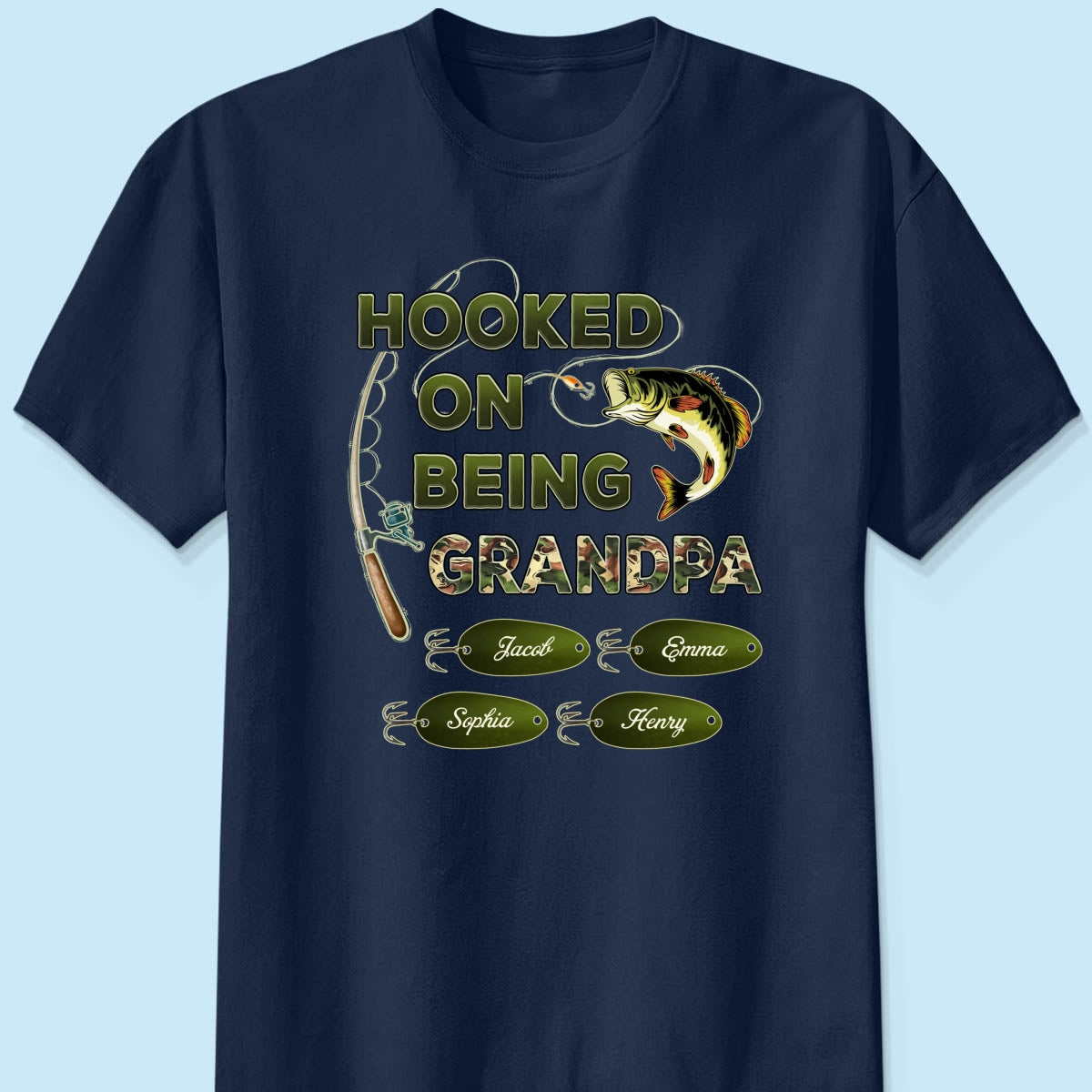 Hooked On Being Grandpa Papa Fishing Camouflage Personalized Dark Color Shirt, Father's Day Gift For Grandpa, Dad, Husband