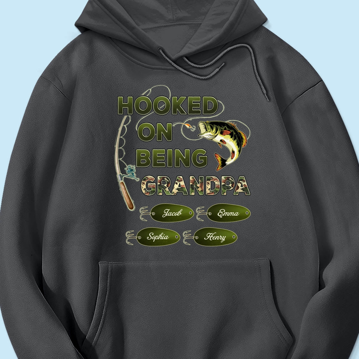 Hooked On Being Grandpa Papa Fishing Camouflage Personalized Dark Color Shirt, Father's Day Gift For Grandpa, Dad, Husband