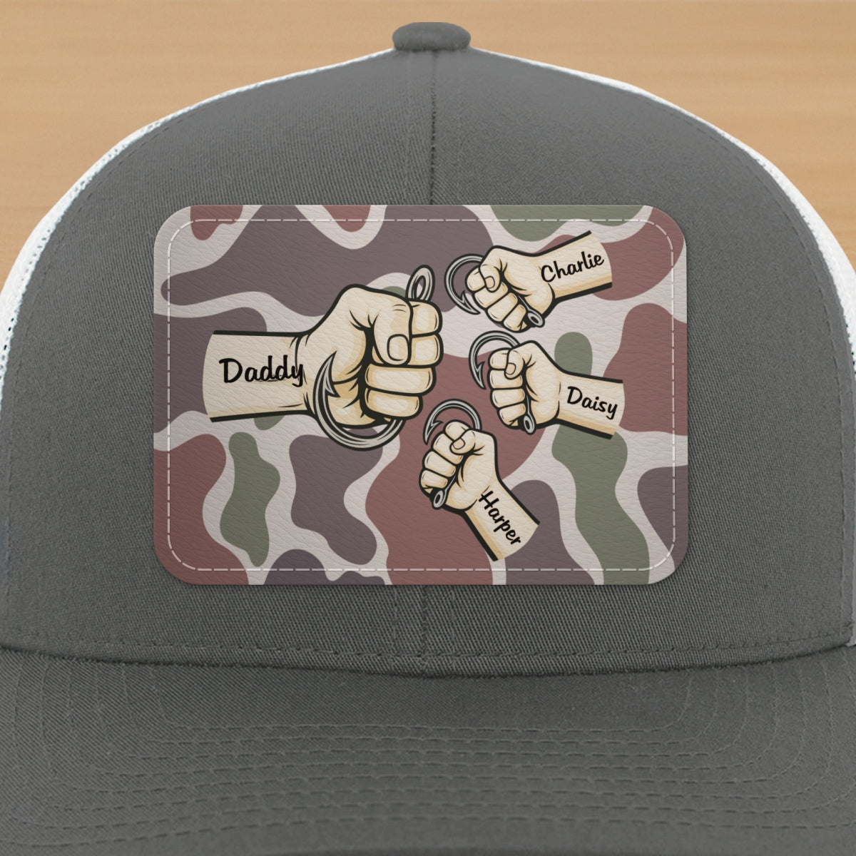 Dad Grandpa & Kids Fist Bump Fishing With Hooks Personalized Leather Patch Hat, Father's Day Gift For Husband, For Dad, For Grandpa