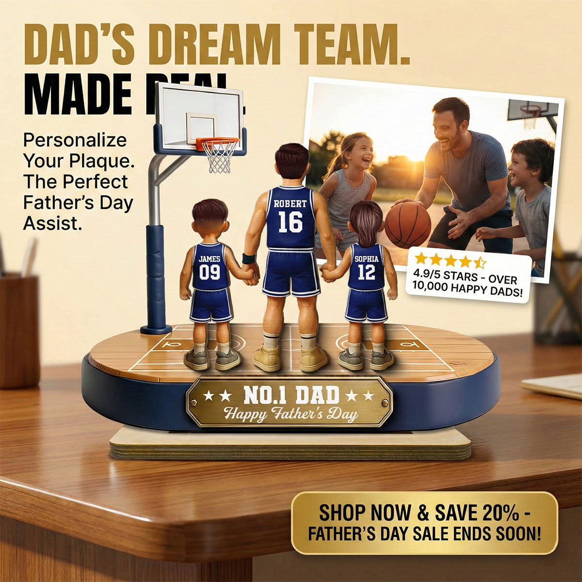 Daddy's Basketball Dream Team - Personalized 2-Layered Wooden Plaque - Gift For Basketball Dad