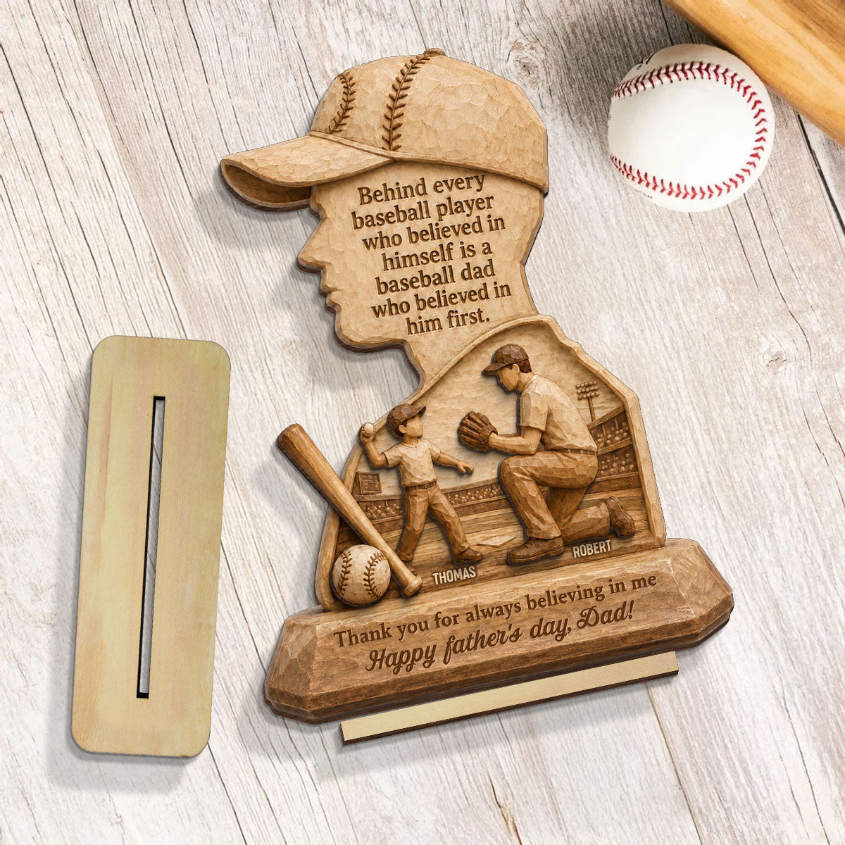 Behind Every Baseball Player is a Baseball Dad - Personalized 2-Layered Wooden Plaque - Gift for Dad, Husband
