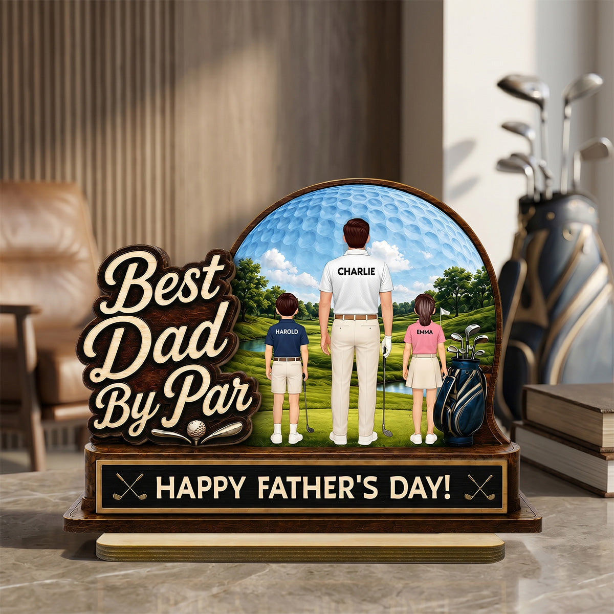 Best Dad By Par Custom Man & Kids Back View - Personalized 2-Layered Wooden Plaque - Gift For Golf Dad
