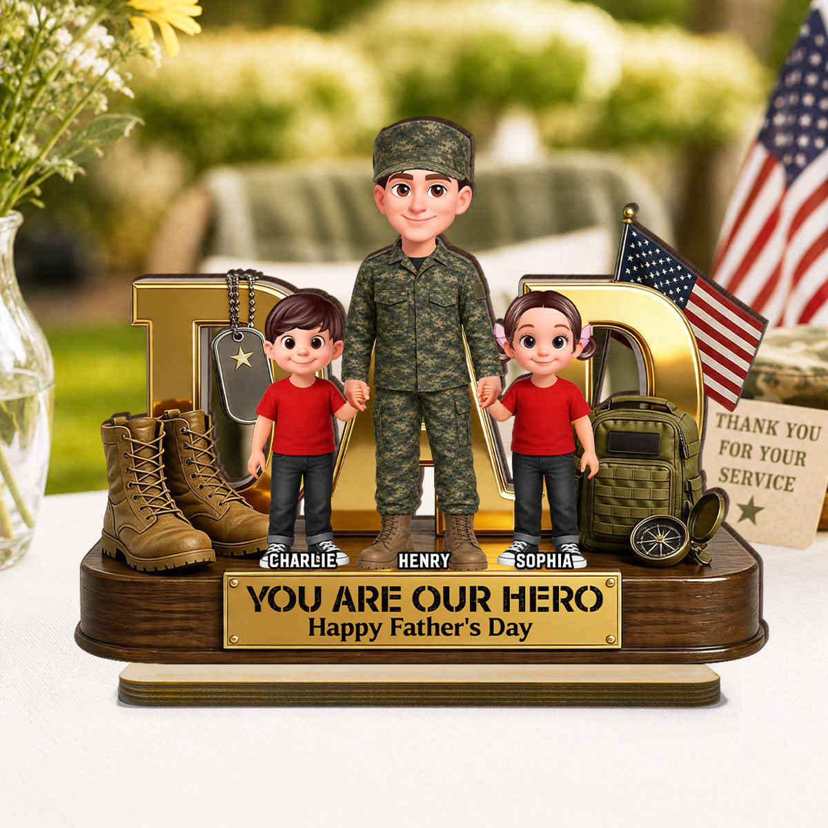 Proud American Millitary Dad - Personalized 2-Layered Wooden Plaque - Gift For Dad, Husband