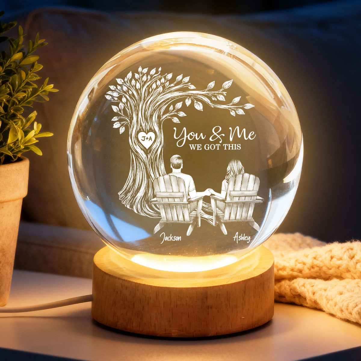 Eternal Love Couple Under Heart Carved Tree - Personalized Crystal Ball LED Night Light - Valentine's Day Gift For Couple