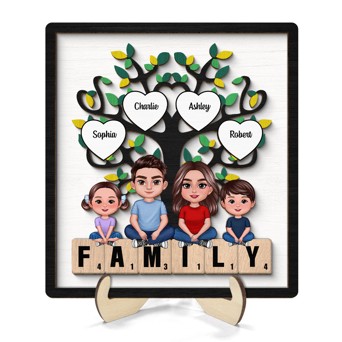 Family Crossed Legs Under Tree On Text Personalized 2-layer Wooden Plaque
