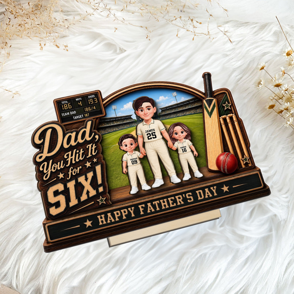 Hit A Six With The Best Dad Cricket Dad & Kids On Court - Personalised 2-Layered Wooden Plaque - Gift For Husband, Dad