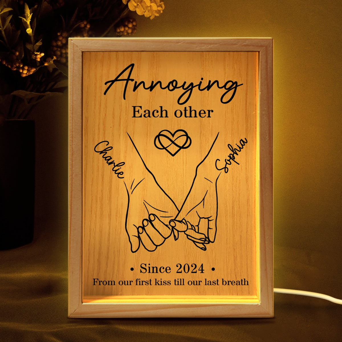 Couple Hand in Hand Outline Gift Personalized Wooden Frame LED Light Box