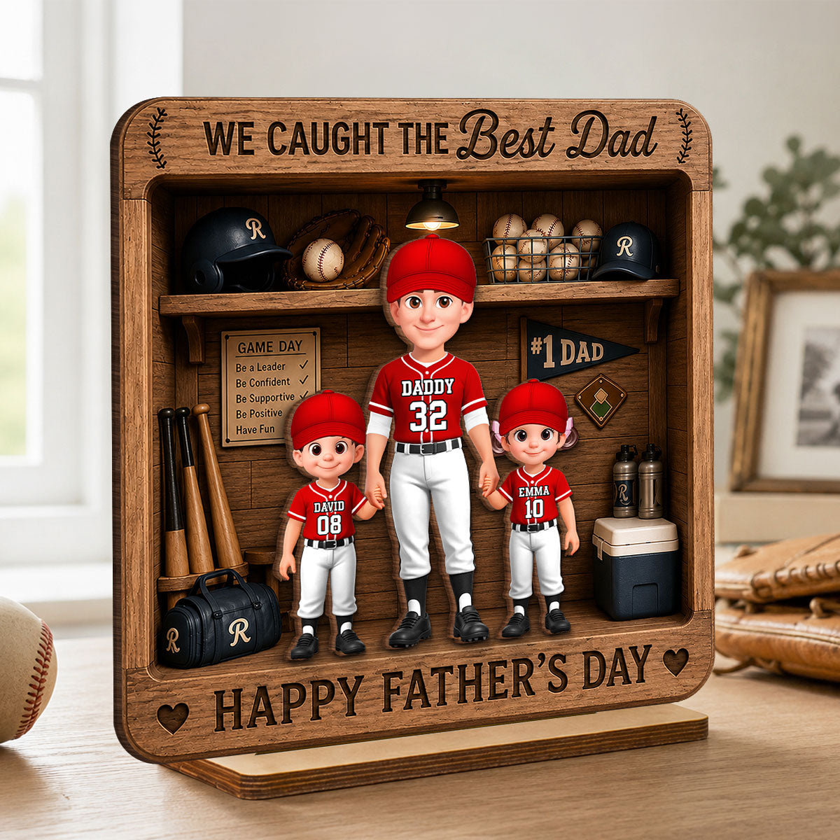 Baseball Dad & Kids Locker Room - Personalized 2-Layered Wooden Plaque - Gift For Dad, Husband