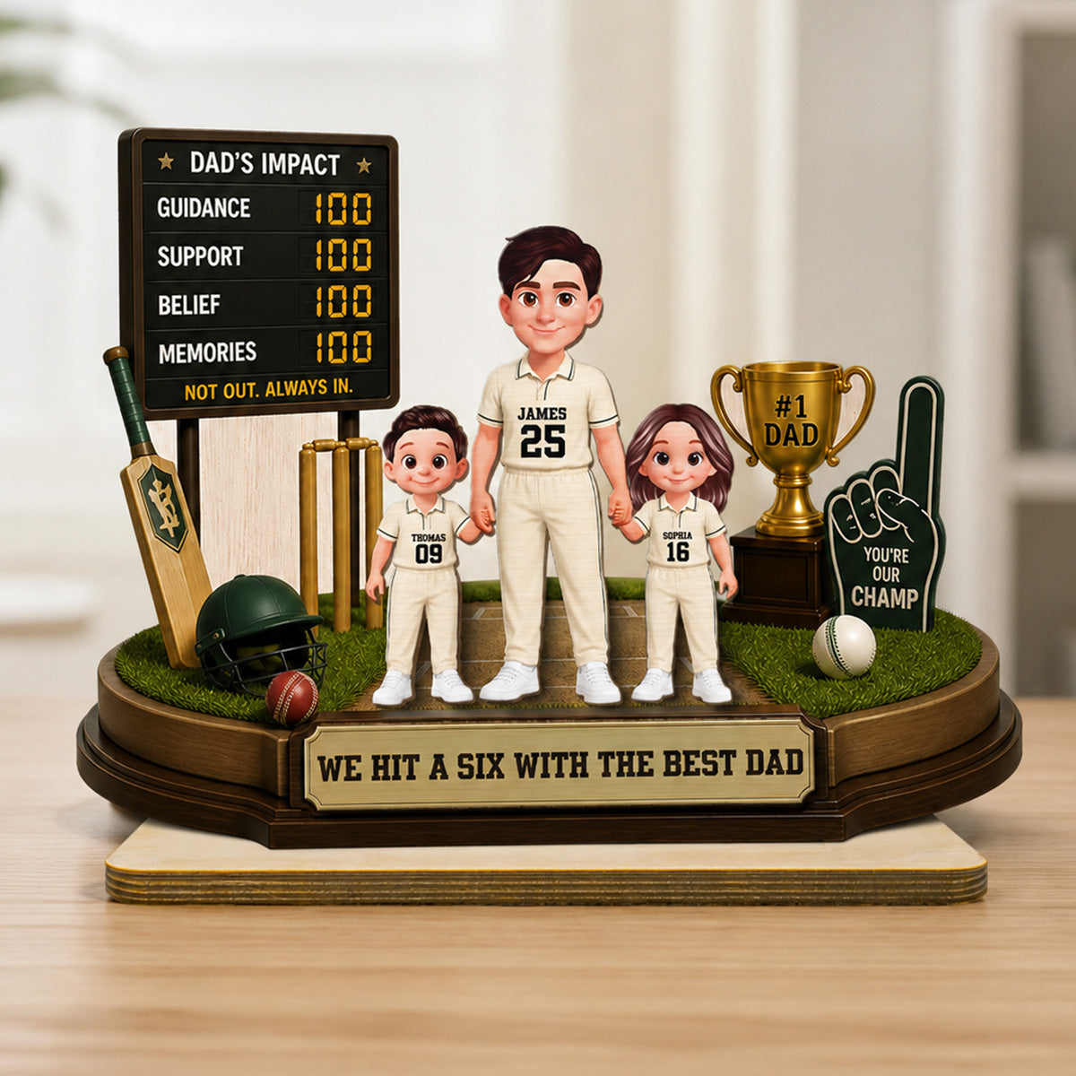 Hit A Six With The Best Dad Cricket Dad & Kids - Personalised 2-Layered Wooden Plaque - Gift For Husband, Dad
