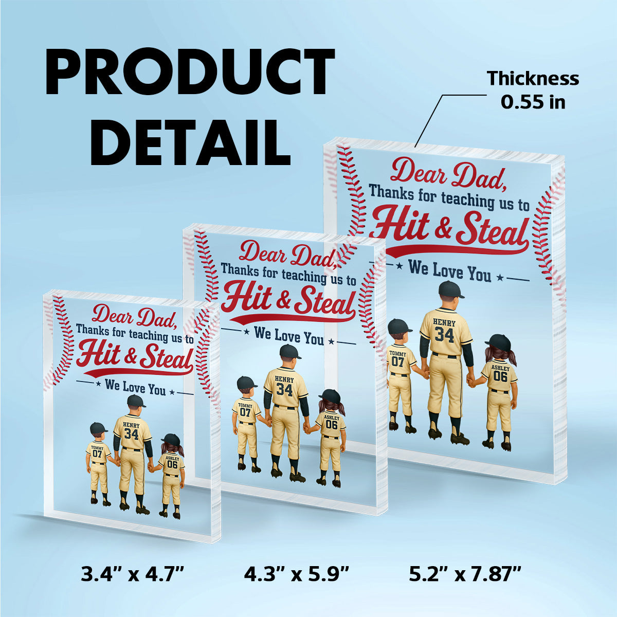 Thank You For Teaching Us To Hit & Steal Baseball Dad & Kids - Personalized Acrylic Block Plaque - Gift For Dad, Husband