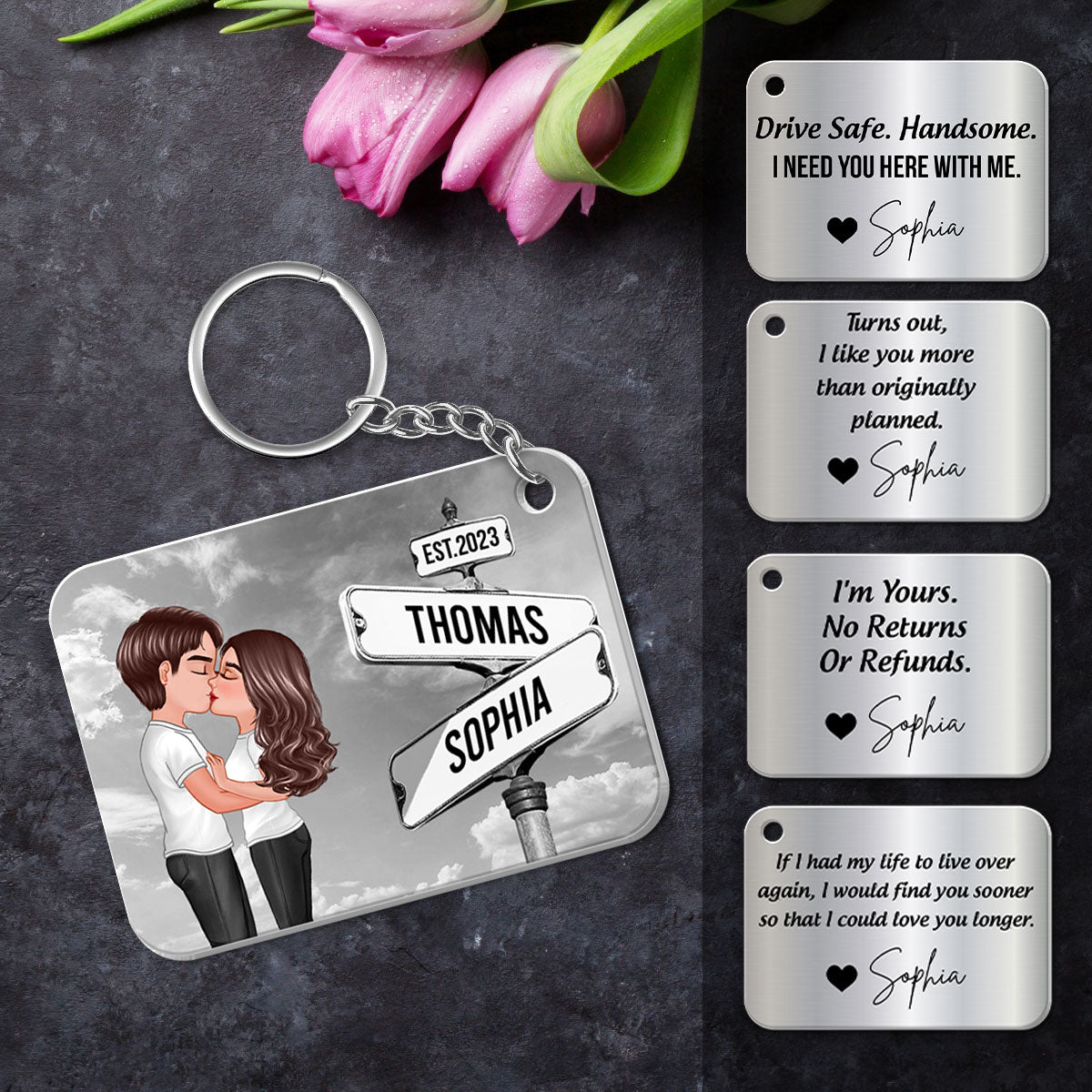 Drive Safe Couple Kissing Vintage Crossroads Street Sign Personalized Metal Keychain, Anniversary Gift For Him, Boyfriend, Husband