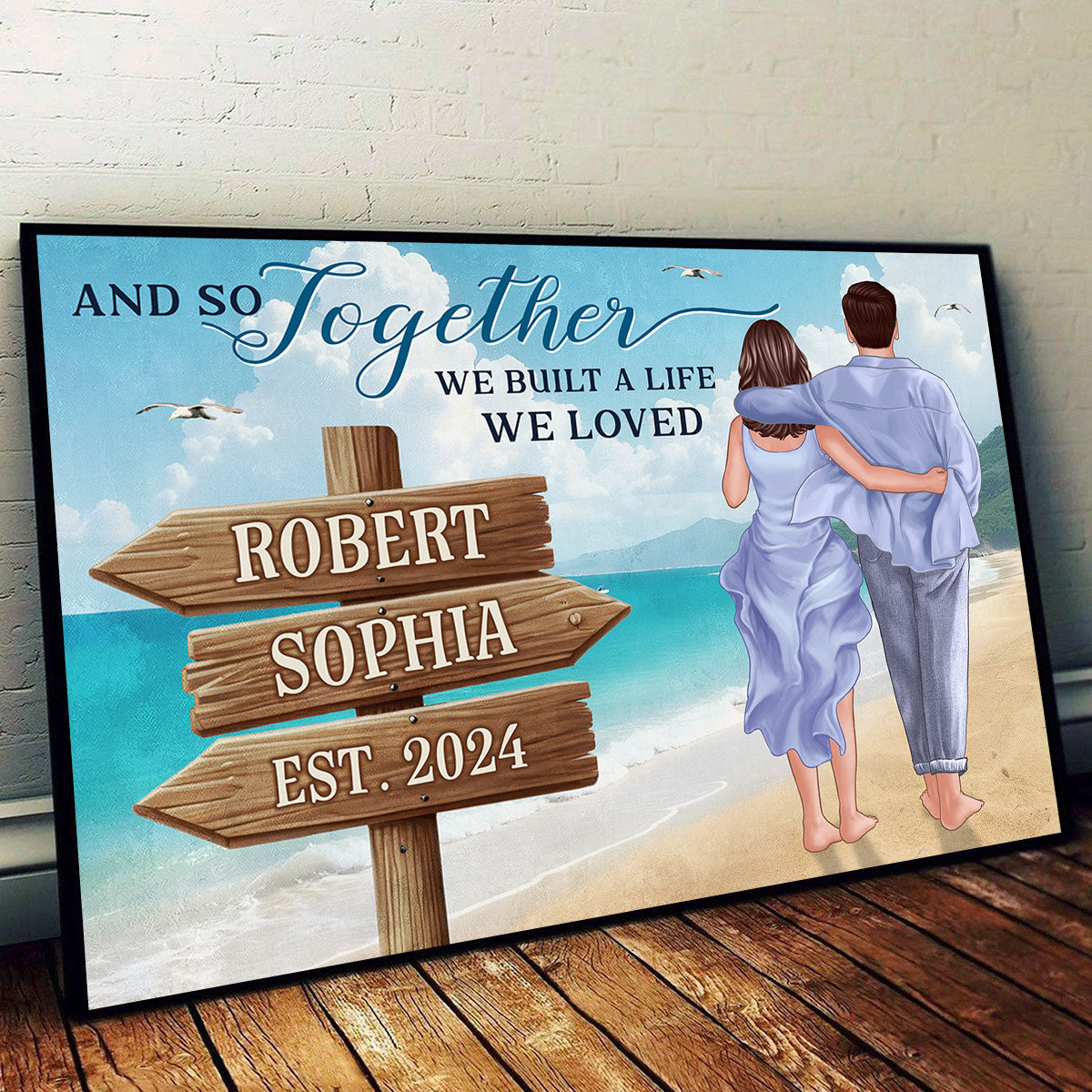 Couple Embracing And Walking On The Beach Personalized Poster, Heartfelt 2025 Gift For Couple, For Him, For Her, Boyfriend, Girlfriend, Husband, Wife