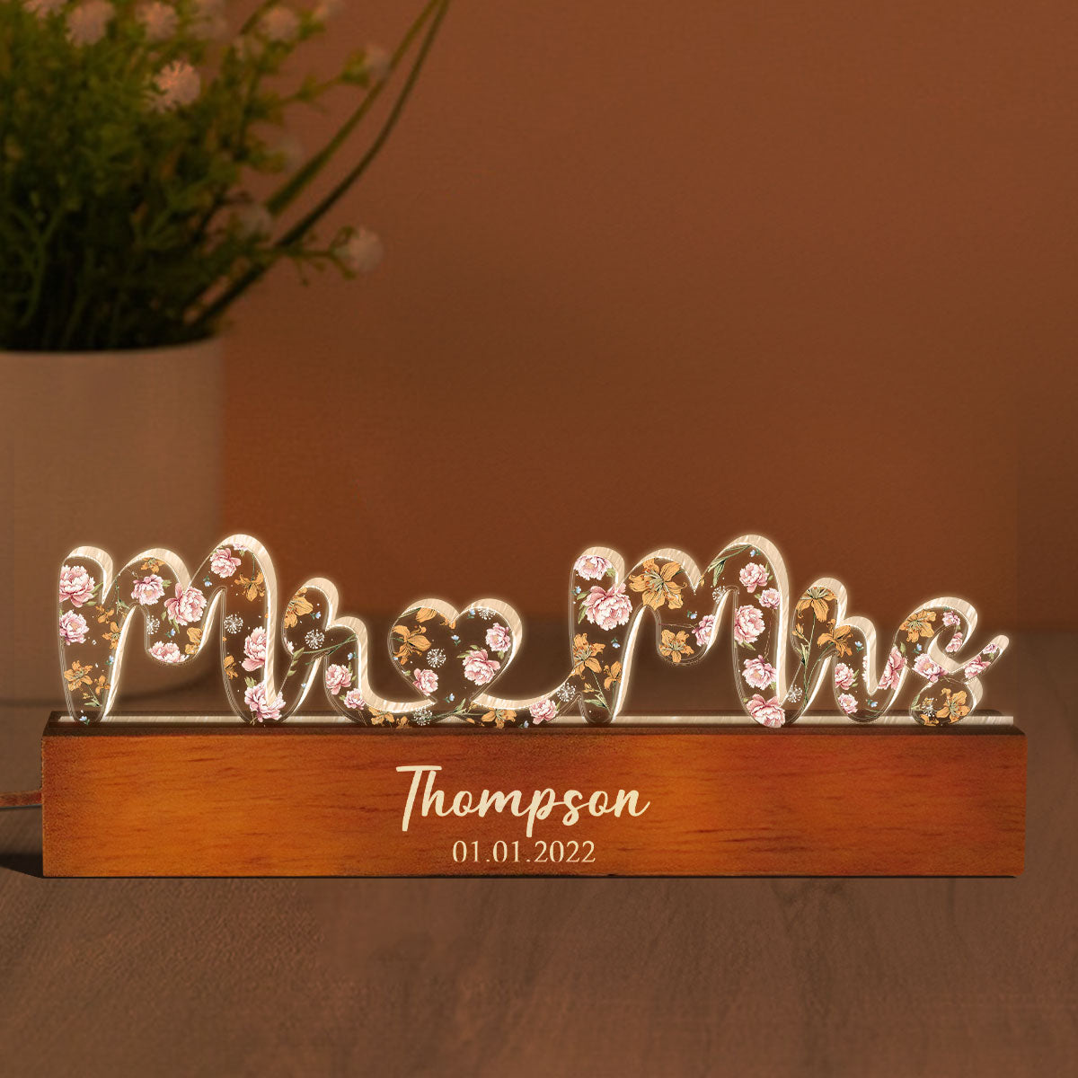 Mr & Mrs Wedding Anniversary Gift for her & for him, Custom Flower Printed LED Night Light