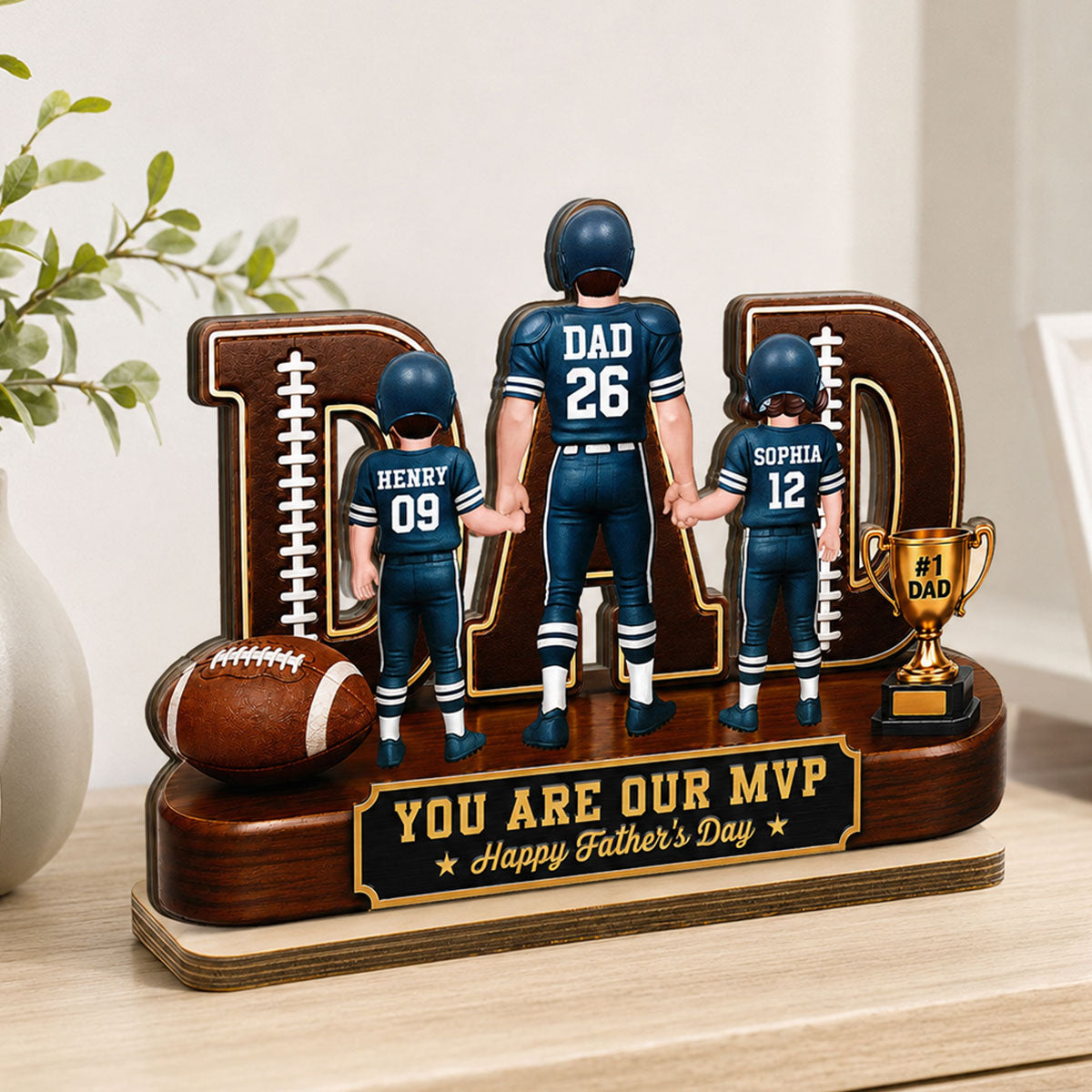 American Football No 1 Dad Legend Daddy's Dream Team - Personalized 2-Layered Wooden Plaque - Gift For Dad