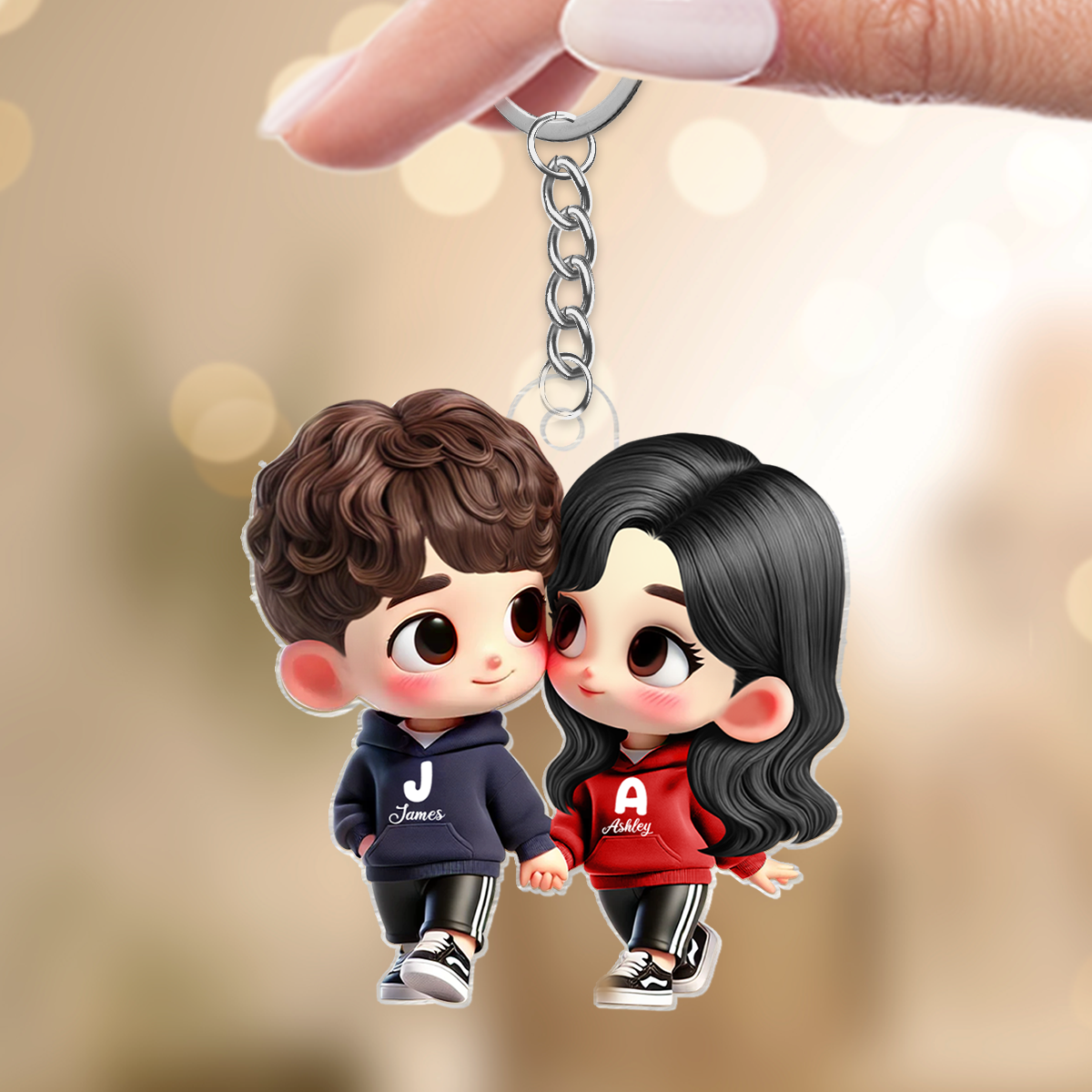 3D Effect Cute Cartoon Couple Holding Hands Personalized Acrylic Keychain, Anniversary & Gift for him, Gift for her