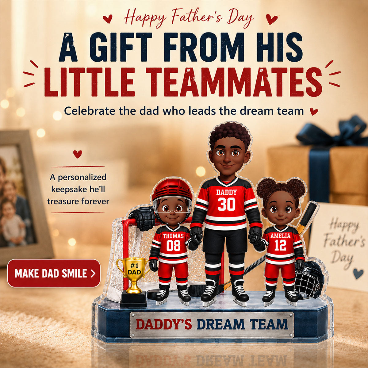 Daddy's Dream Team Hockey Dad & Kids - Personalized Acrylic Block Plaque - Gift For Dad, Husband