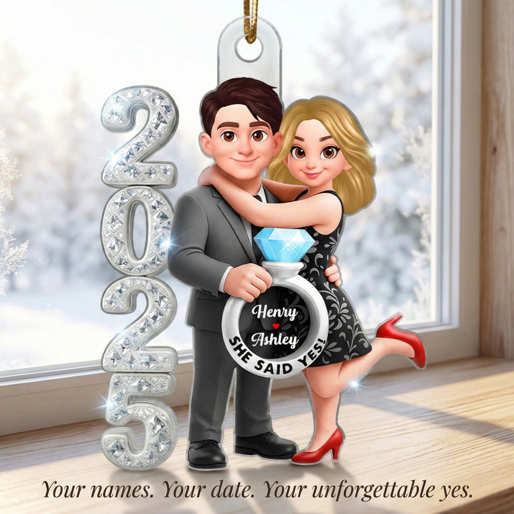 3D Crystal Effect Marriage Proposal Couple - Personalized Acrylic Ornament - Newly Engaged Gift, ""She Said Yes!"" Ornament