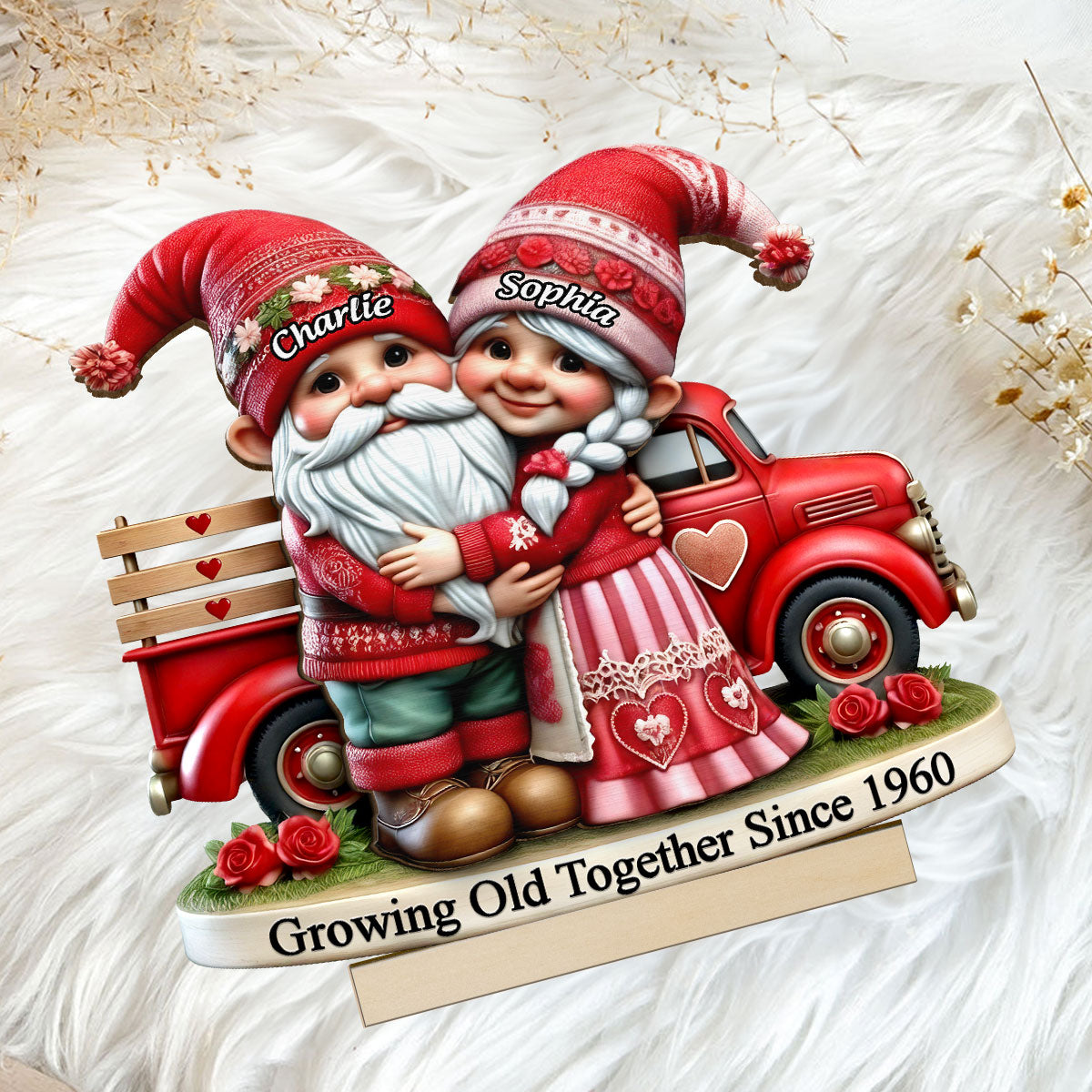 3D Effect Gnome Couple Truck Personalized 2-Layer Standing Wooden Plaque, Heartfelt Gift For Her, For Wife