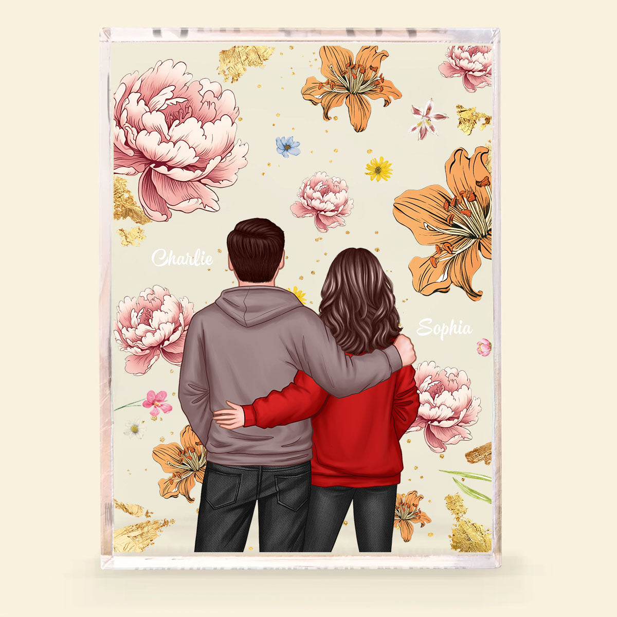 Couple Hugging Back View Birth Month Flower Personalized Acrylic Block Plaque, Heartfelt 2025 Gift, Anniversary Gift For Girlfriend, For Wife